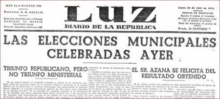 Recorte del periódico La Luz sobre las elecciones municipales parciales celebradas el 23 de abril de 1933.