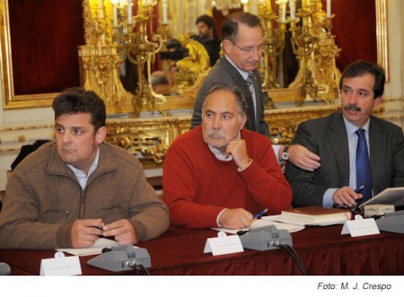 Los alcaldes de Olvera (IU), Prado del Rey (PP) y Setenil de las Bodegas (PSOE), en la reunión en la Diputación.