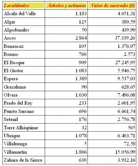 Valor de mercado del plan de árboles y arbustos de los municipios de la Sierra.