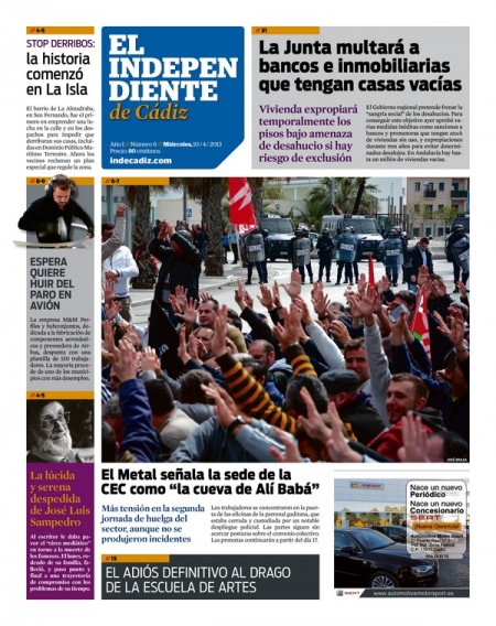 Portada de El Independiente de Cádiz del 10 de abril de 2013.