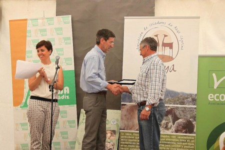 El alcalde de Benaocaz entrega un premio en la Feria de Ganado.