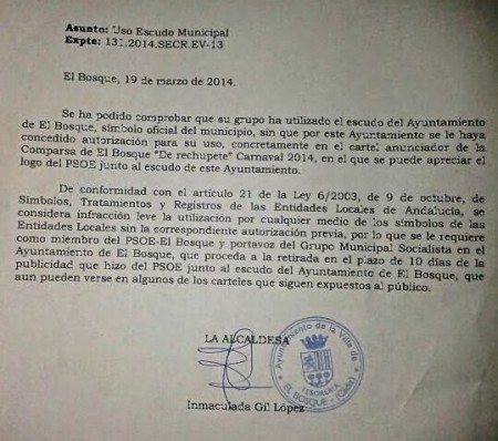 Escrito de la alcaldesa de El Bosque dirigido al grupo municipal socialista.