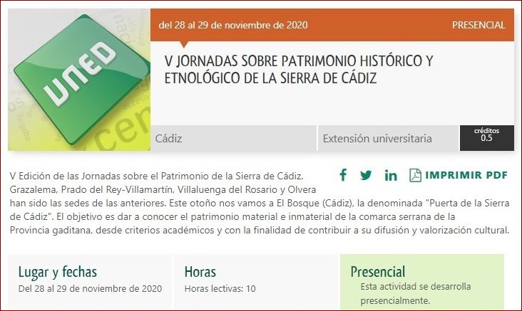 Las V Jornadas de Patrimonio Histórico y Etnológico de la Sierra de Cádiz de la UNED, el 28 y el 29 de noviembre en El Bosque