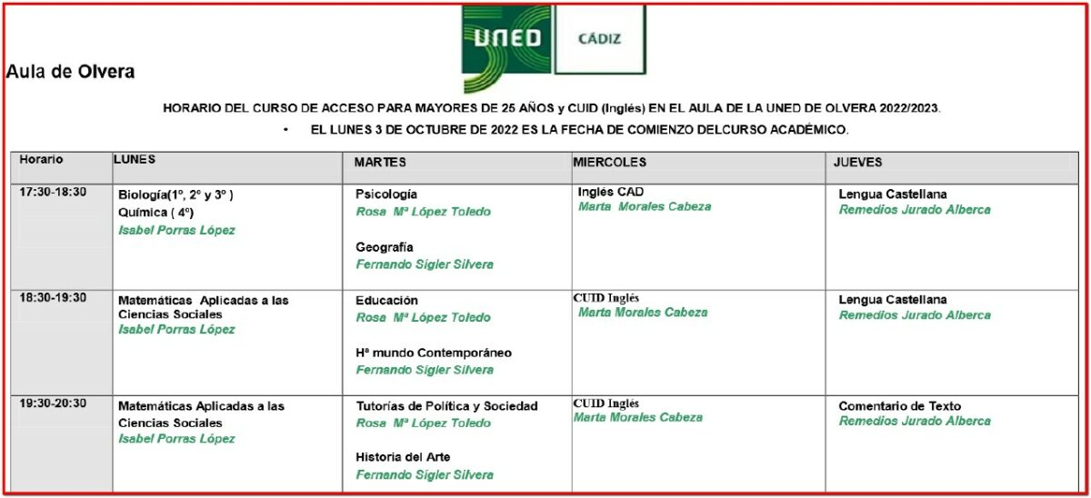 Horario de tutorías en el Aula de la UNED de Olvera (curso 2022-2023).