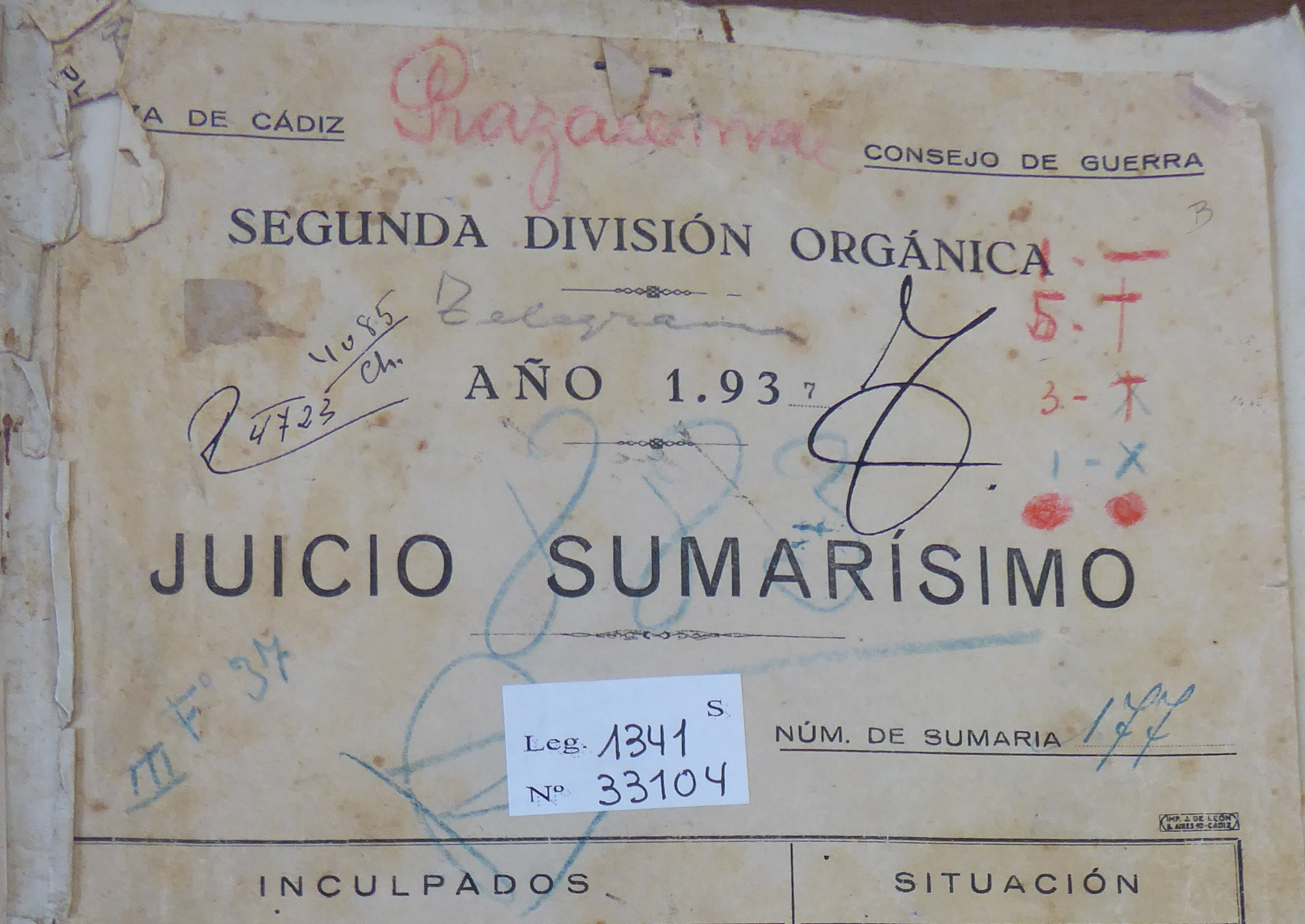 Portada de un procedimiento sumarísimo.