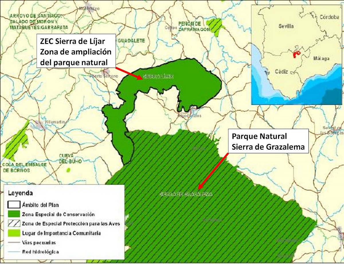 Plano de la zona a incluir en el Parque Natural Sierra de Grazalema.